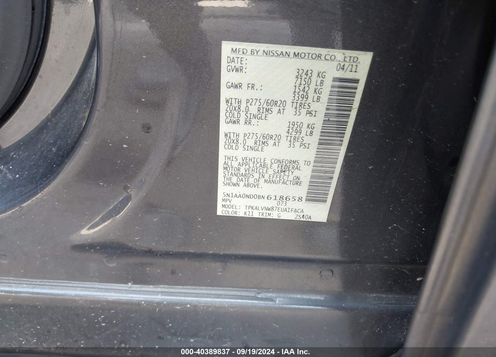2011 NISSAN ARMADA PLATINUM VIN: 5N1AA0ND0BN618658