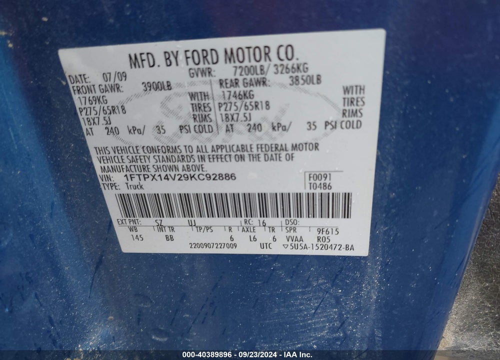 2009 FORD F-150 FX4/LARIAT/XL/XLT VIN: 1FTPX14V29KC92886