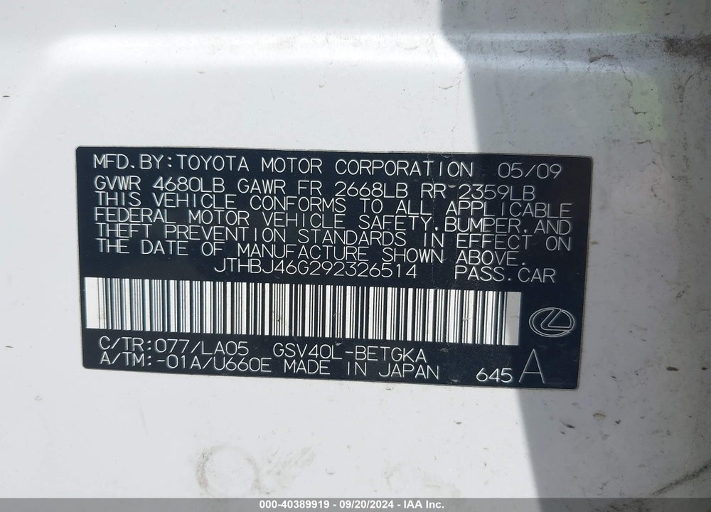 2009 LEXUS ES 350 VIN: JTHBJ46G292326514