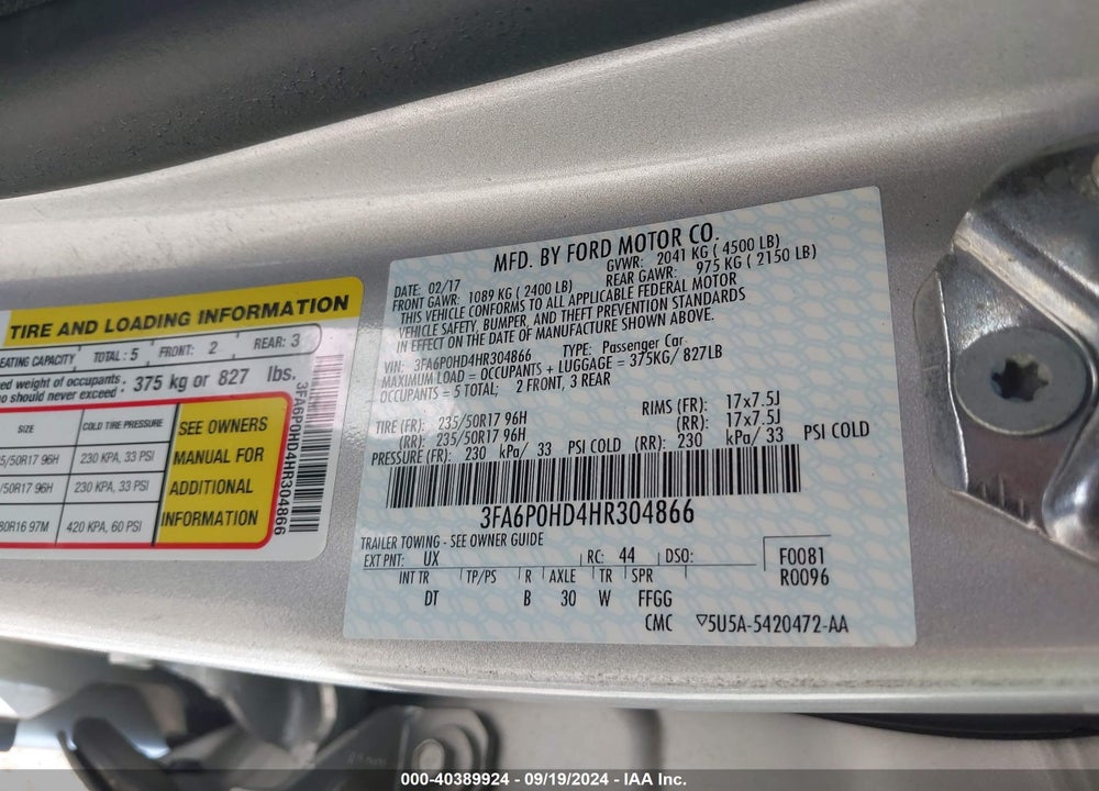 2017 FORD FUSION SE VIN: 3FA6P0HD4HR304866