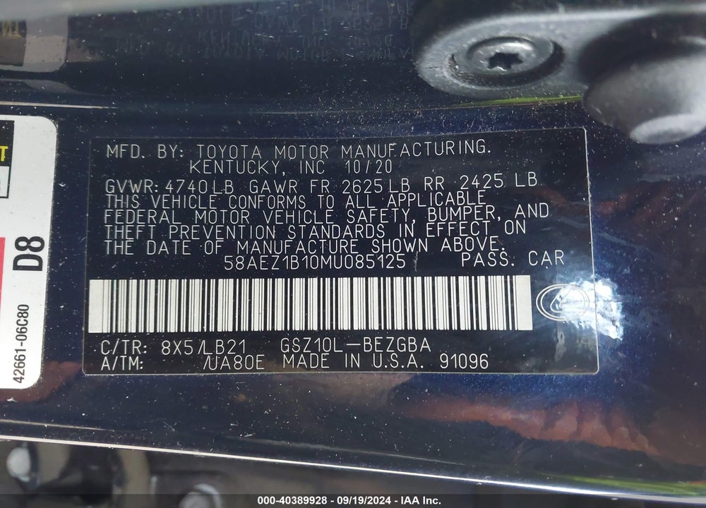 2021 LEXUS ES 350 LUXURY VIN: 58AEZ1B10MU085125