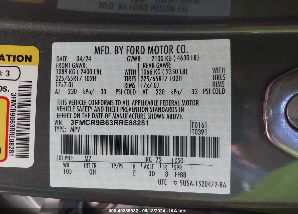 2024 FORD BRONCO SPORT BIG BEND VIN: 3FMCR9B63RRE88281