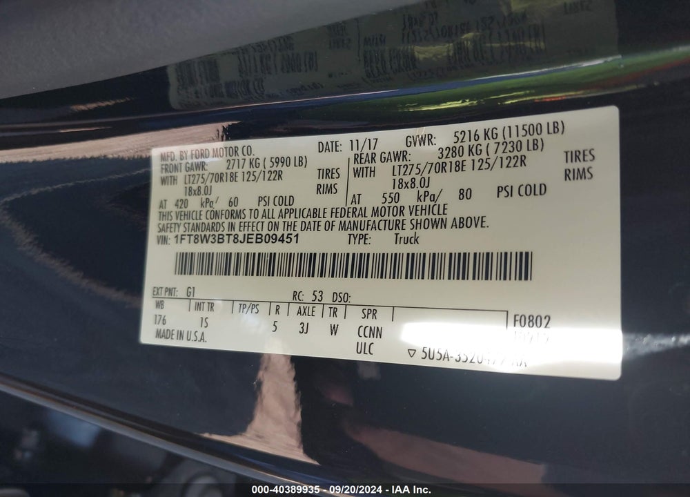 2018 FORD F-350 XL VIN: 1FT8W3BT8JEB09451