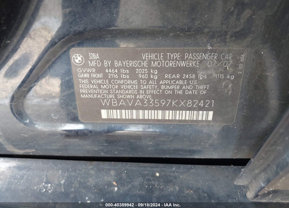 2007 BMW 328I VIN: WBAVA33597KX82421