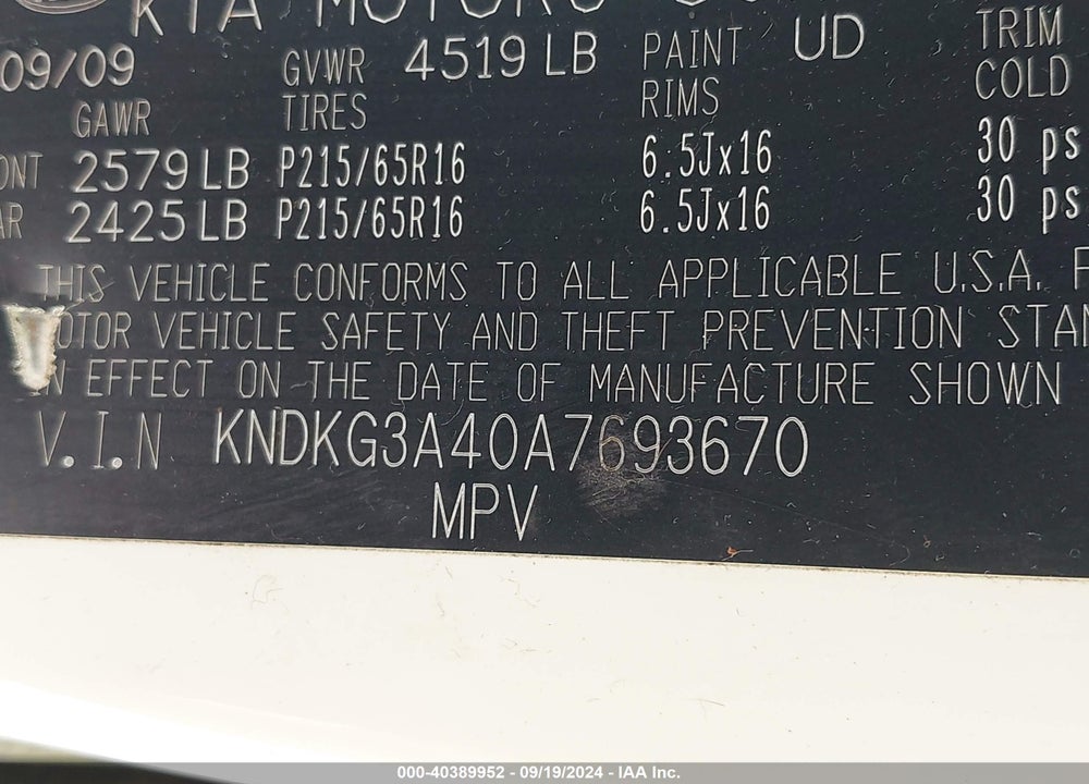 2010 KIA SPORTAGE LX VIN: KNDKG3A40A7693670