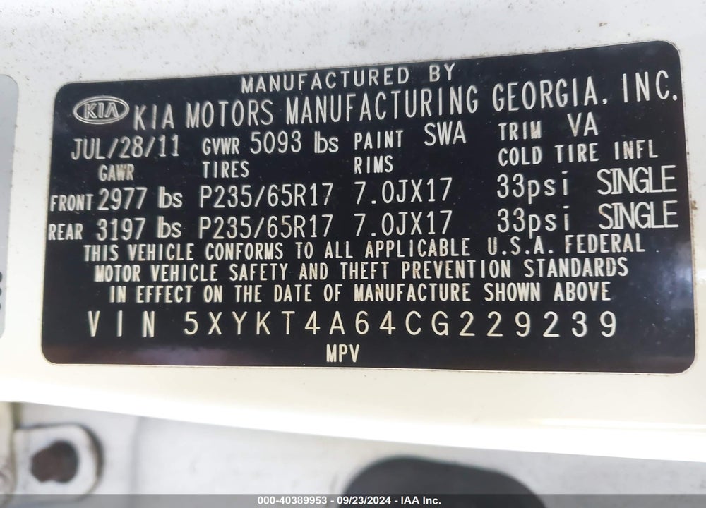 2012 KIA SORENTO LX VIN: 5XYKT4A64CG229239
