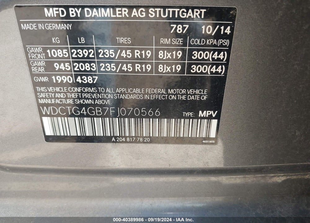 2015 MERCEDES-BENZ GLA-CLASS GLA 250 VIN: WDCTG4GB7FJ070566