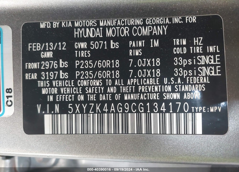 2012 HYUNDAI SANTA FE LIMITED V6 VIN: 5XYZK4AG9CG134170