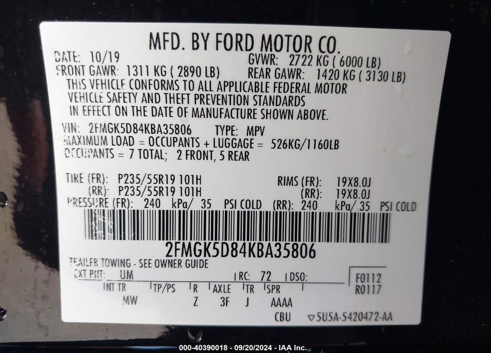 2019 FORD FLEX LIMITED VIN: 2FMGK5D84KBA35806
