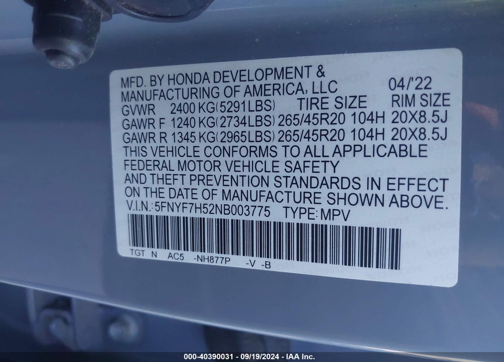 2022 HONDA PASSPORT 2WD EX-L VIN: 5FNYF7H52NB003775