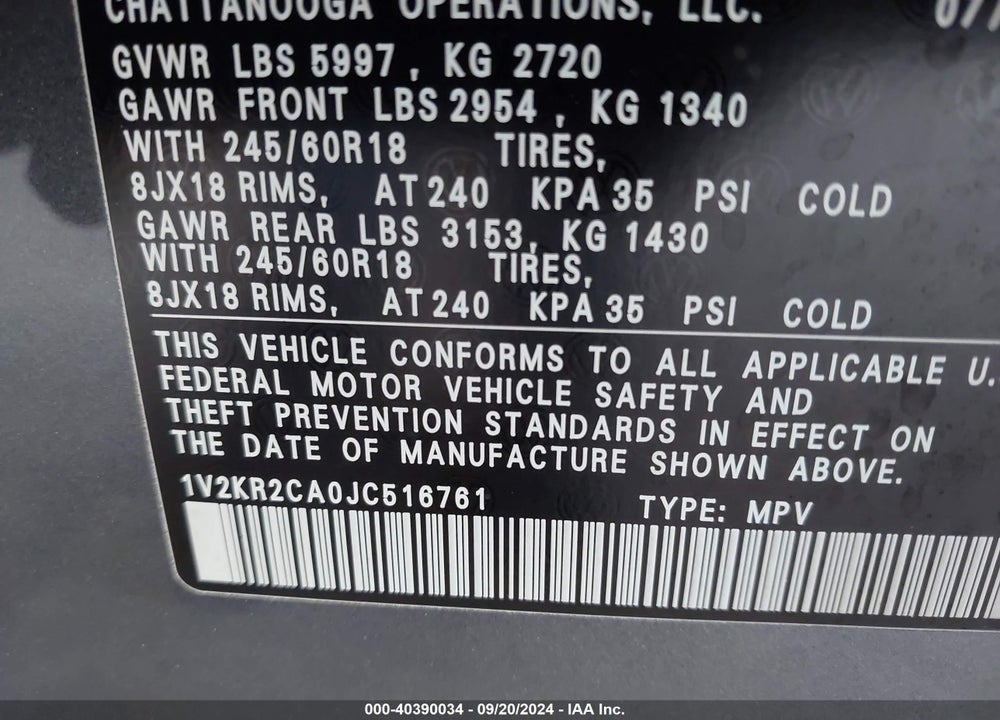 2018 VOLKSWAGEN ATLAS 3.6L V6 SE VIN: 1V2KR2CA0JC516761