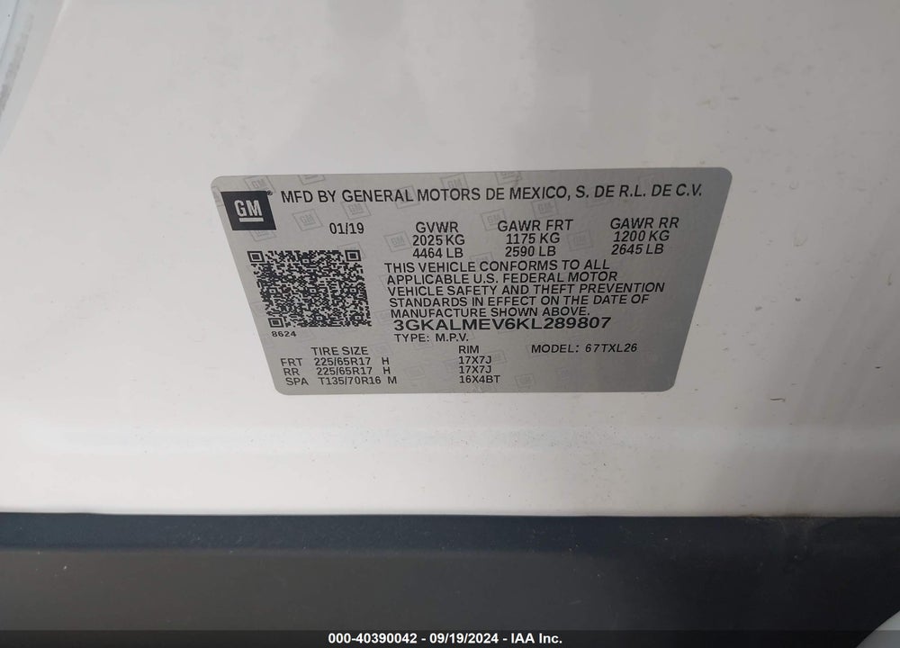 2019 GMC TERRAIN SLE VIN: 3GKALMEV6KL289807