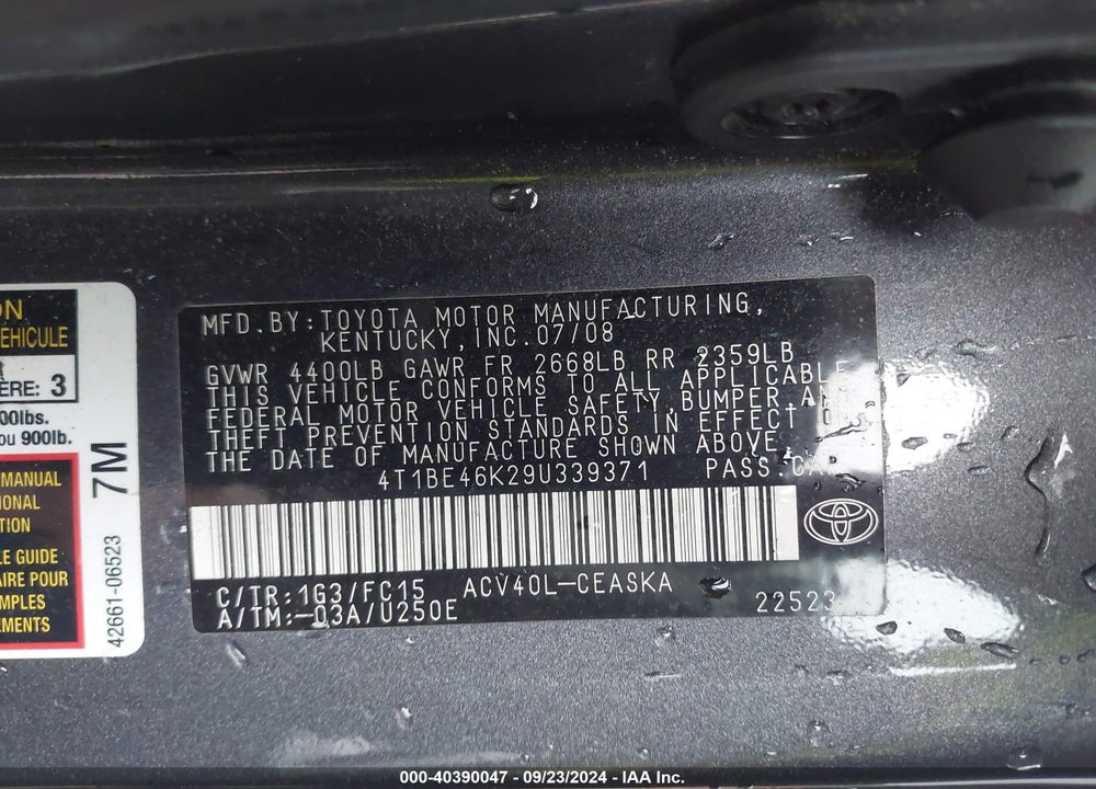 2009 TOYOTA CAMRY SE VIN: 4T1BE46K29U339371