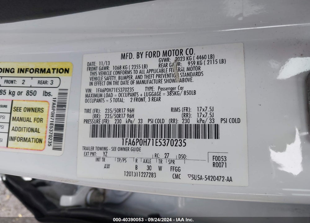 2014 FORD FUSION SE VIN: 1FA6P0H71E5370235