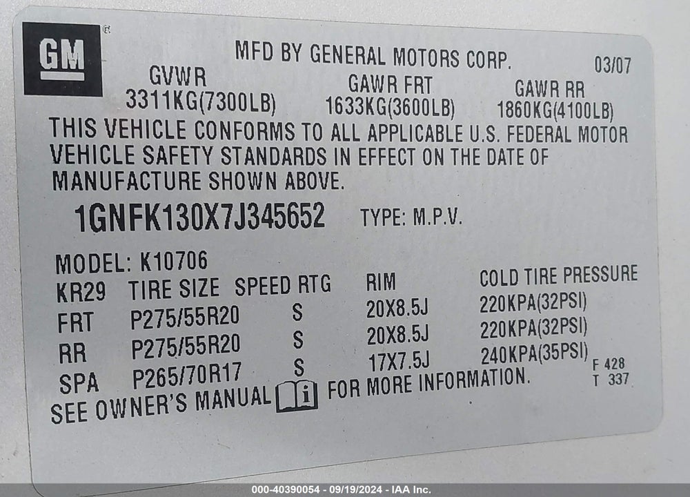 2007 CHEVROLET TAHOE LT VIN: 1GNFK130X7J345652