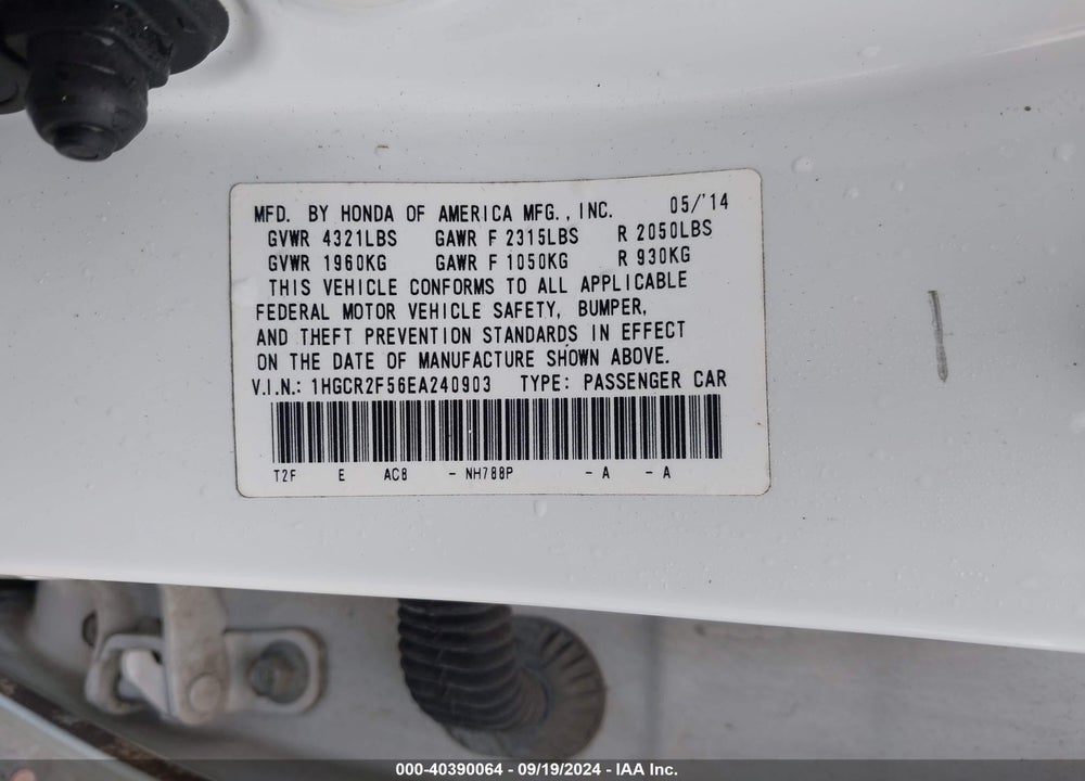 2014 HONDA ACCORD SPORT VIN: 1HGCR2F56EA240903