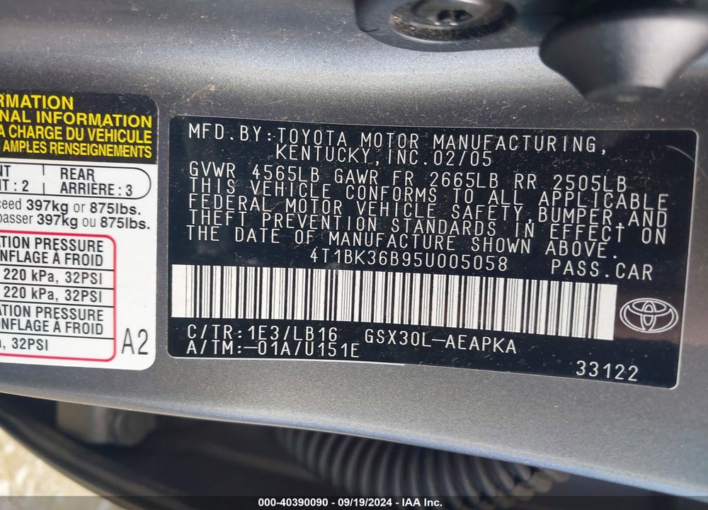 2005 TOYOTA AVALON LIMITED VIN: 4T1BK36B95U005058