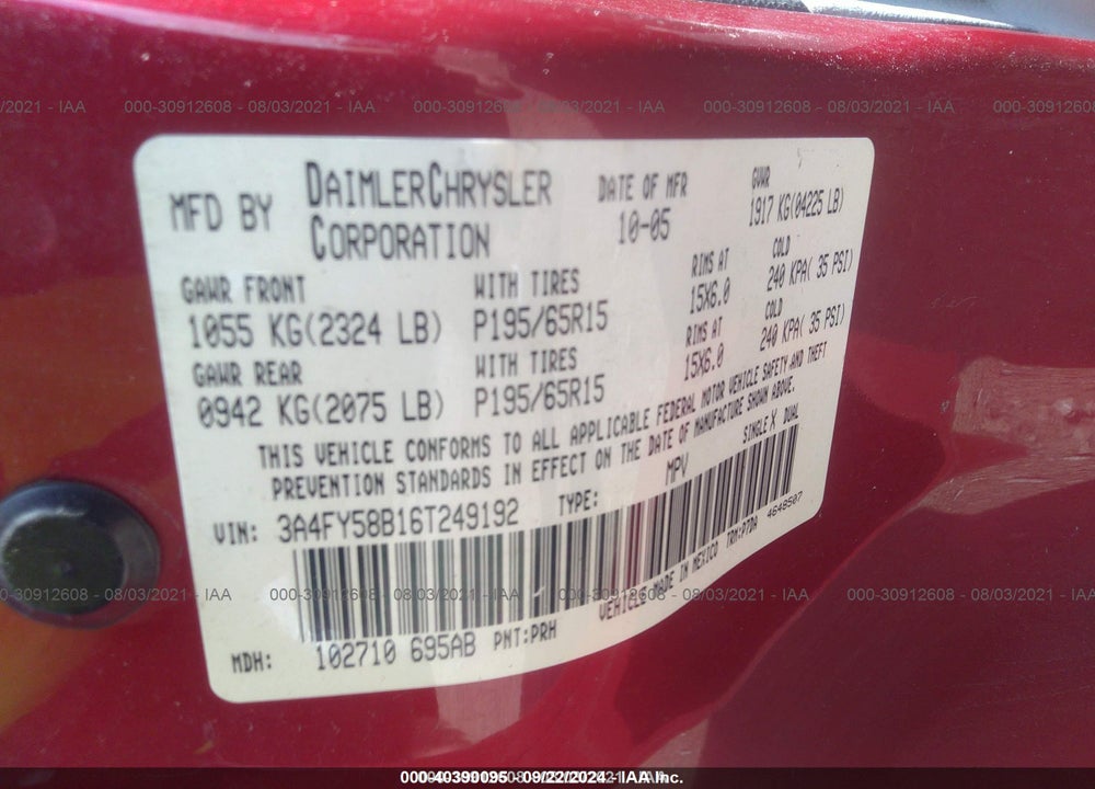 2006 CHRYSLER PT CRUISER TOURING VIN: 3A4FY58B16T249192