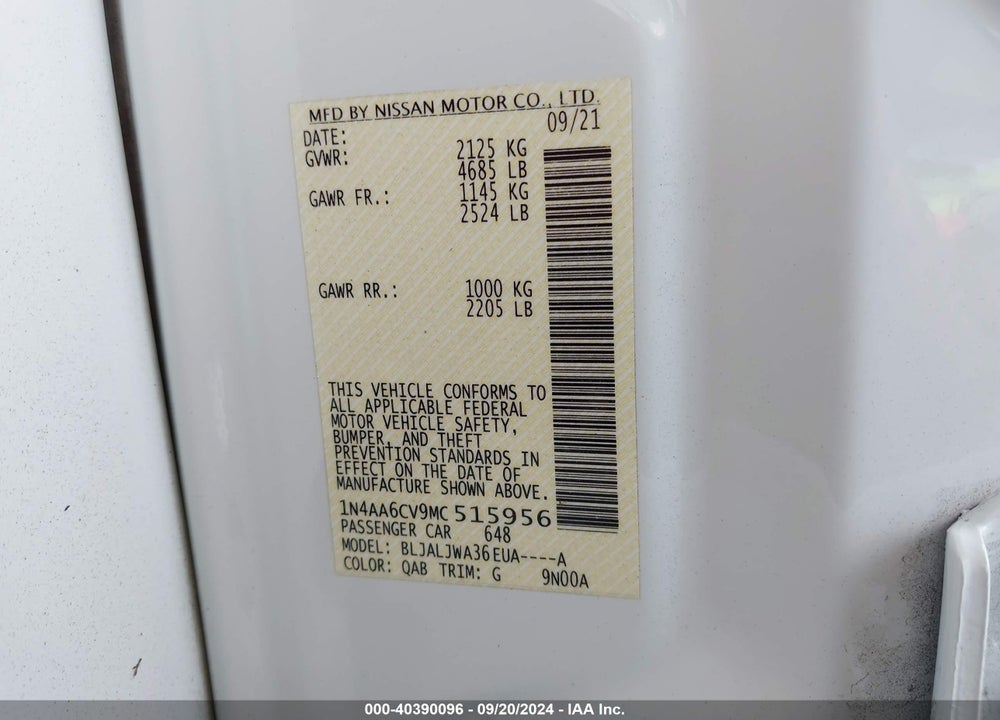 2021 NISSAN MAXIMA SV XTRONIC CVT VIN: 1N4AA6CV9MC515956