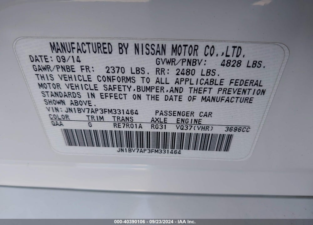 2015 INFINITI Q50 PREMIUM VIN: JN1BV7AP3FM331464