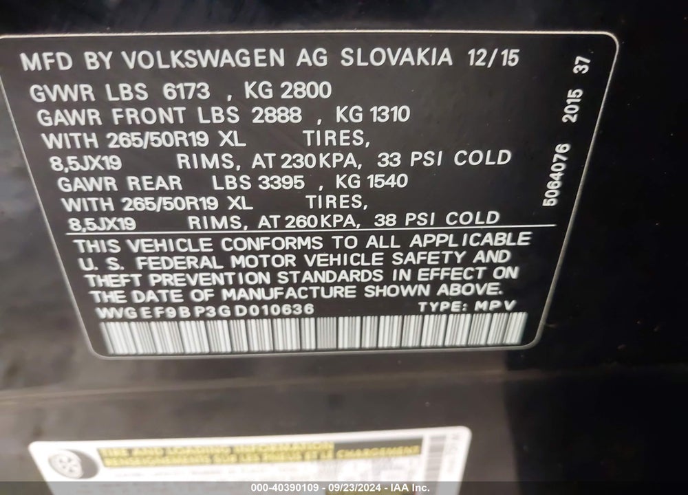 2016 VOLKSWAGEN TOUAREG VR6 LUX VIN: WVGEF9BP3GD010636