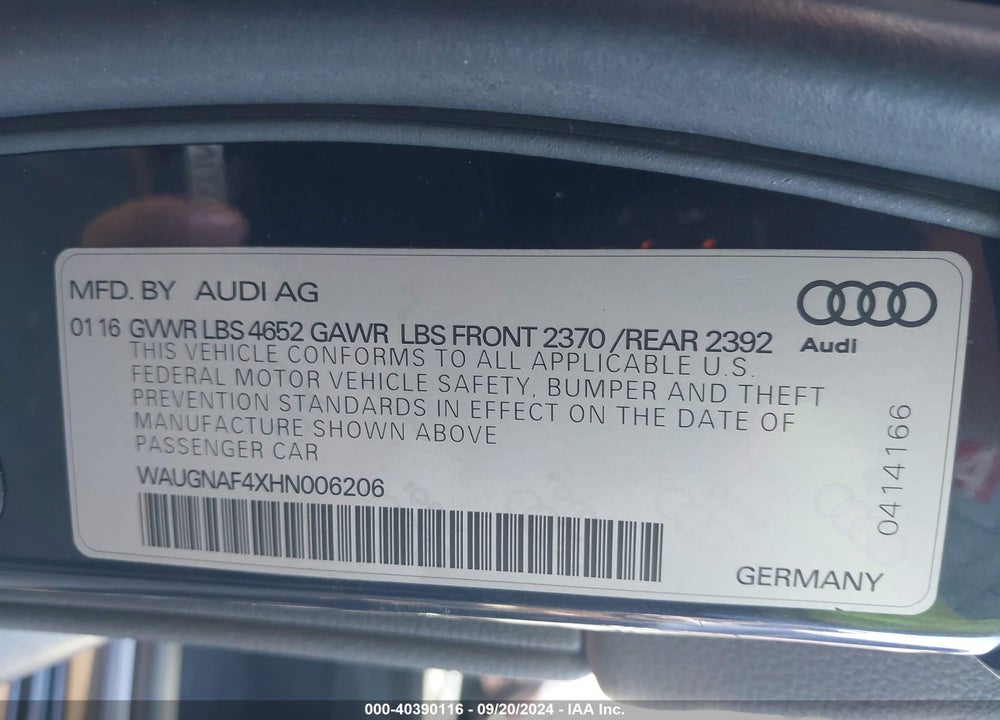 2017 AUDI A4 2.0T PREMIUM VIN: WAUGNAF4XHN006206