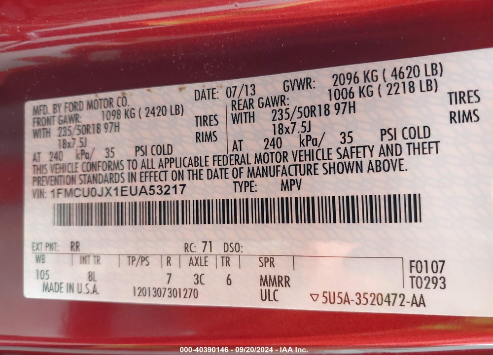 2014 FORD ESCAPE TITANIUM VIN: 1FMCU0JX1EUA53217