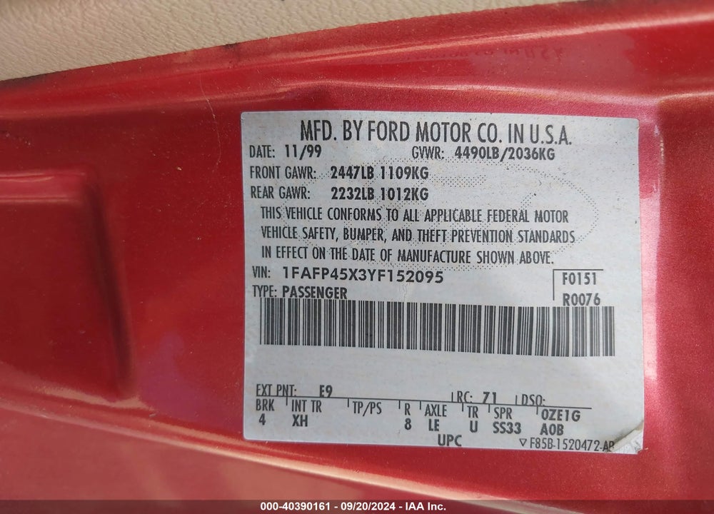 2000 FORD MUSTANG GT VIN: 1FAFP45X3YF152095