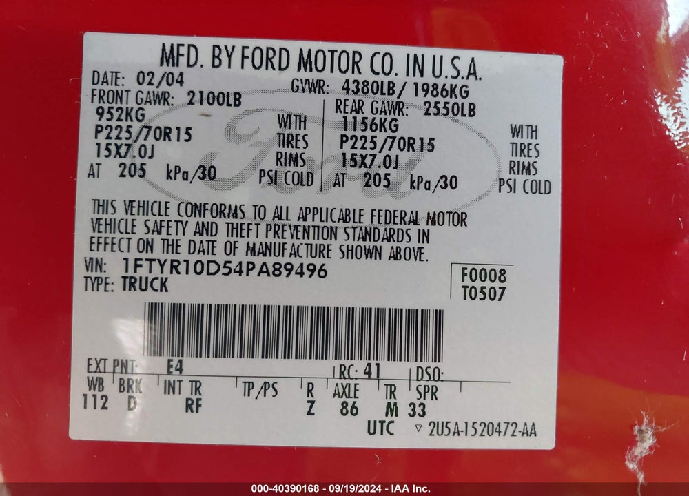 2004 FORD RANGER XL/XLT VIN: 1FTYR10D54PA89496