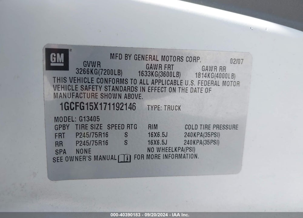 2007 CHEVROLET EXPRESS WORK VAN VIN: 1GCFG15X171192146