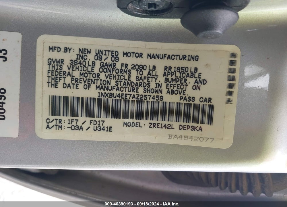 2010 TOYOTA COROLLA S VIN: 1NXBU4EE7AZ257459