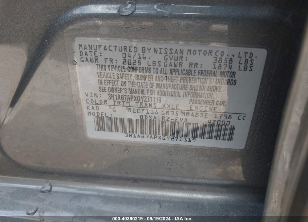 2016 NISSAN SENTRA FE+ S/S/SL/SR/SV VIN: 3N1AB7APXGY271119