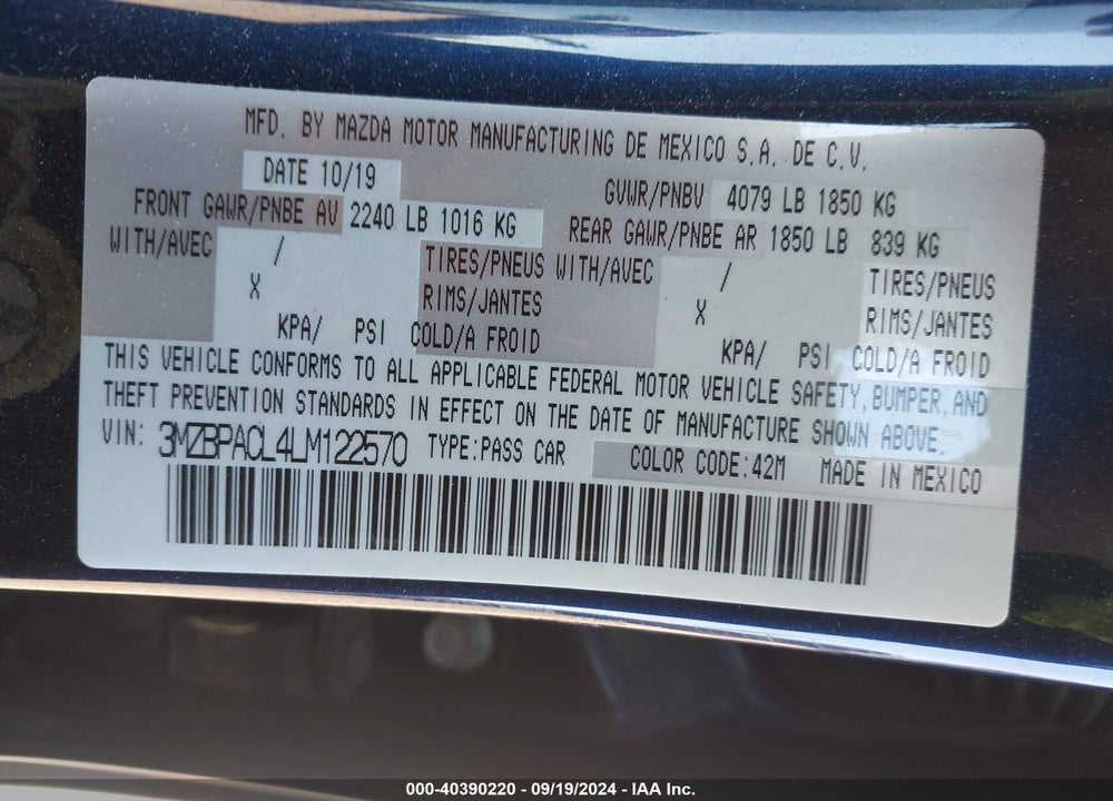 2020 MAZDA 3 SELECT PACKAGE VIN: 3MZBPACL4LM122570