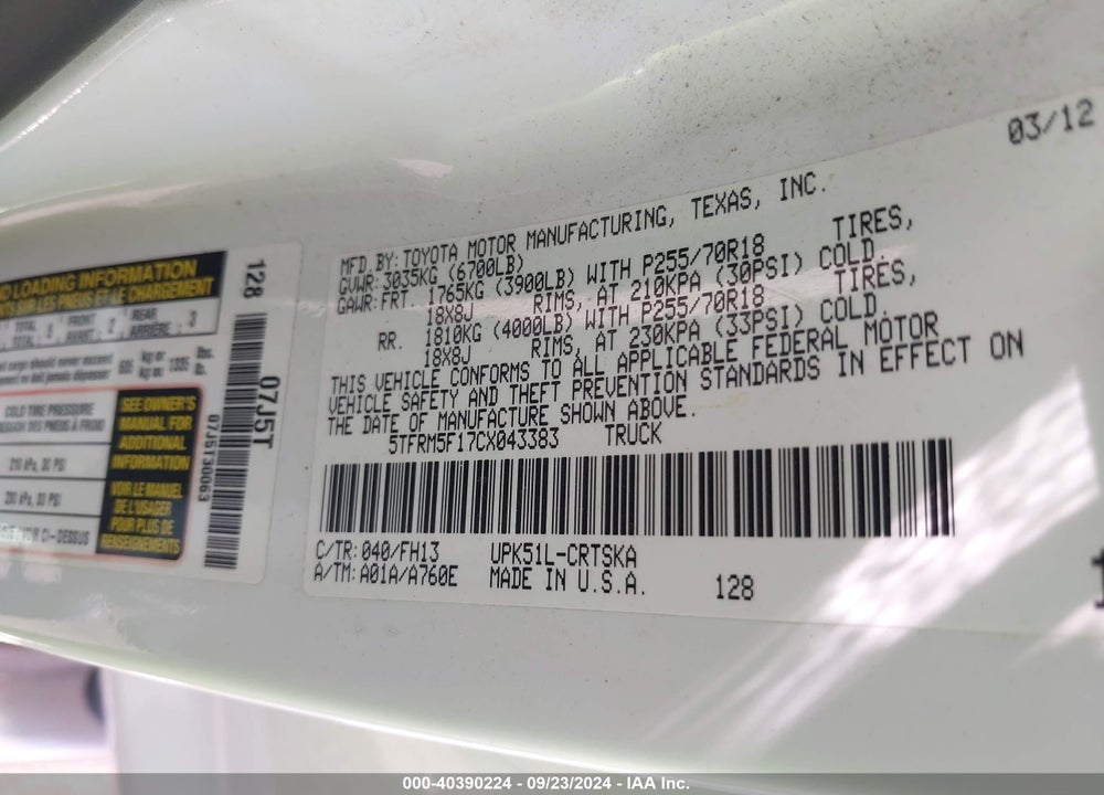 2012 TOYOTA TUNDRA GRADE 4.6L V8 VIN: 5TFRM5F17CX043383