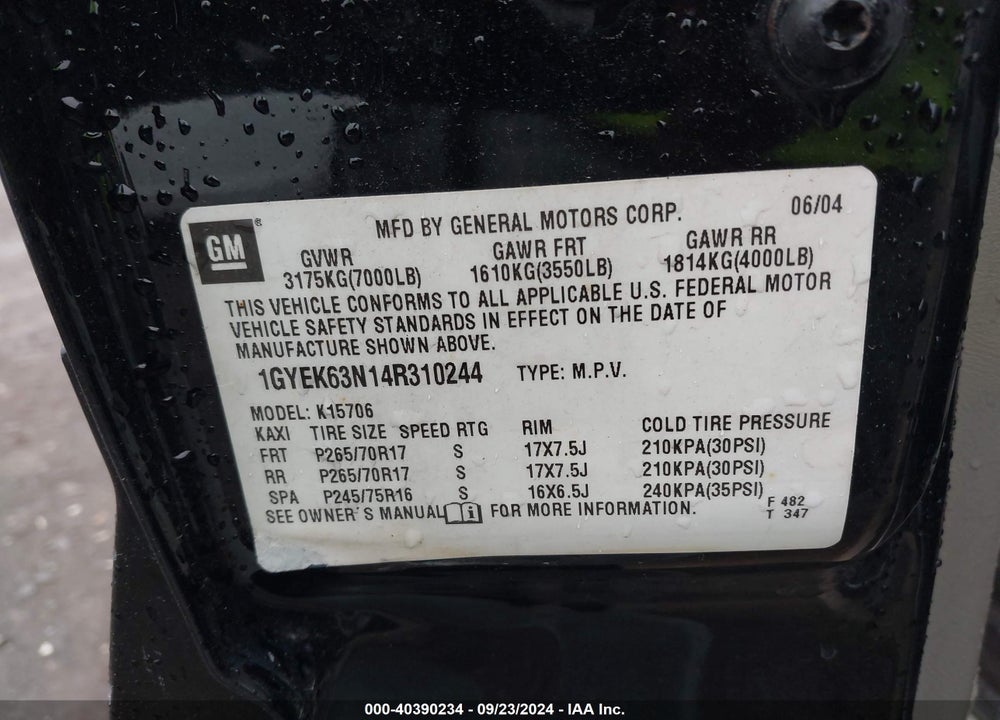 2004 CADILLAC ESCALADE STANDARD VIN: 1GYEK63N14R310244