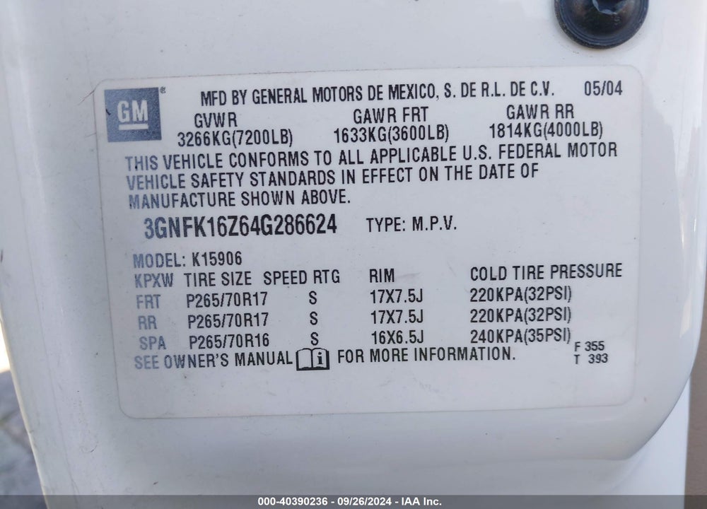 2004 CHEVROLET SUBURBAN 1500 LT VIN: 3GNFK16Z64G286624