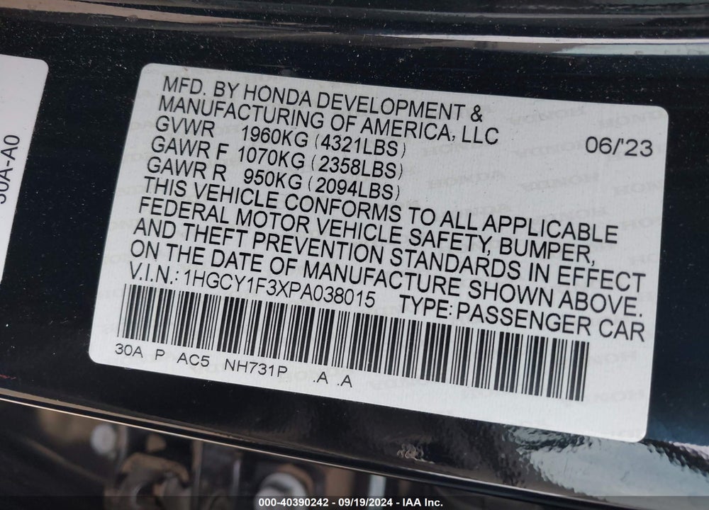 2023 HONDA ACCORD EX VIN: 1HGCY1F3XPA038015