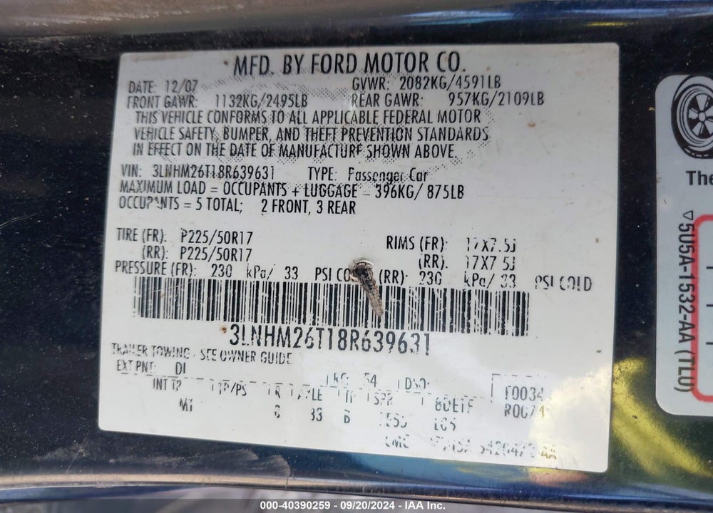 2008 LINCOLN MKZ VIN: 3LNHM26T18R639631