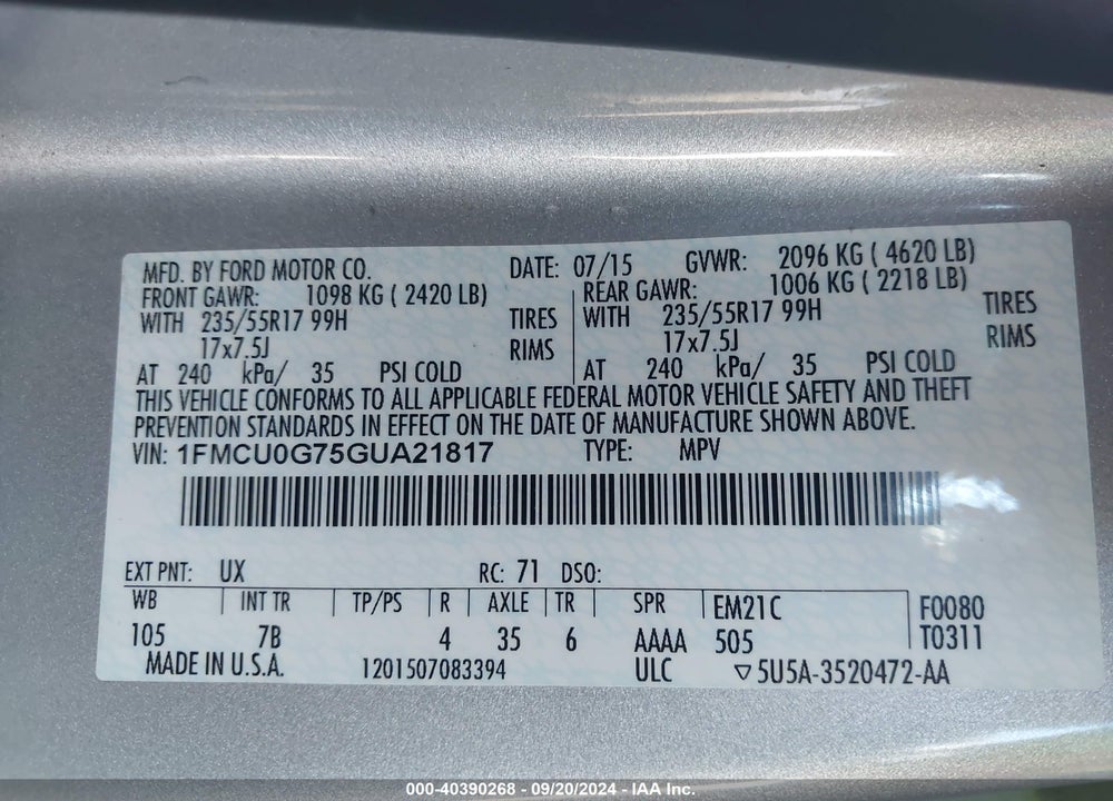 2016 FORD ESCAPE SE VIN: 1FMCU0G75GUA21817
