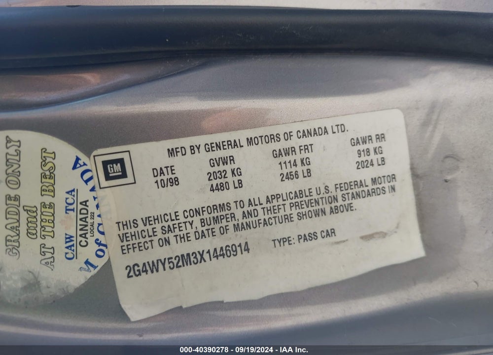 1999 BUICK CENTURY LIMITED VIN: 2G4WY52M3X1446914