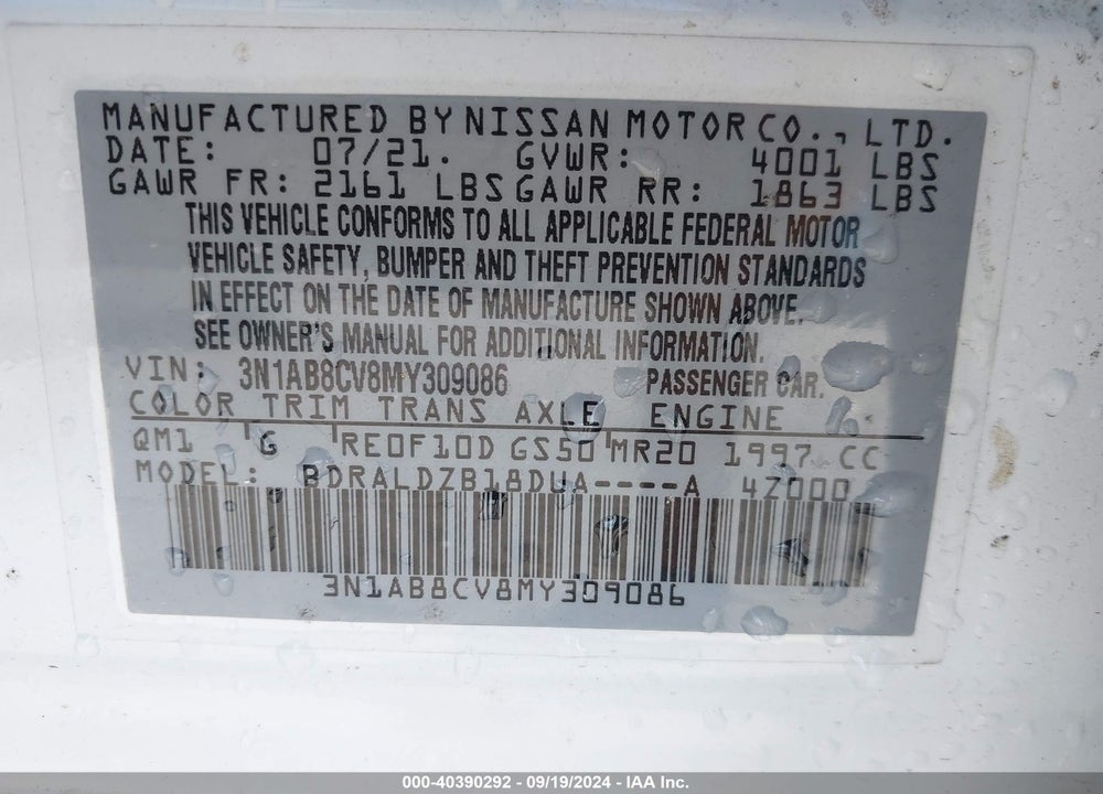2021 NISSAN SENTRA SV XTRONIC CVT VIN: 3N1AB8CV8MY309086