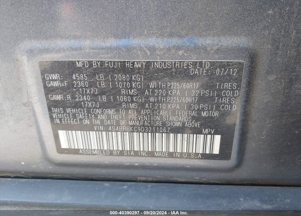2013 SUBARU OUTBACK 2.5I LIMITED VIN: 4S4BRBKC9D3211067