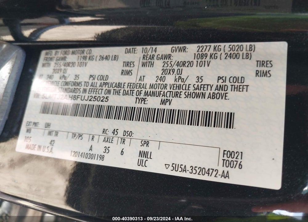2015 LINCOLN MKC VIN: 5LMTJ2AH8FUJ25025