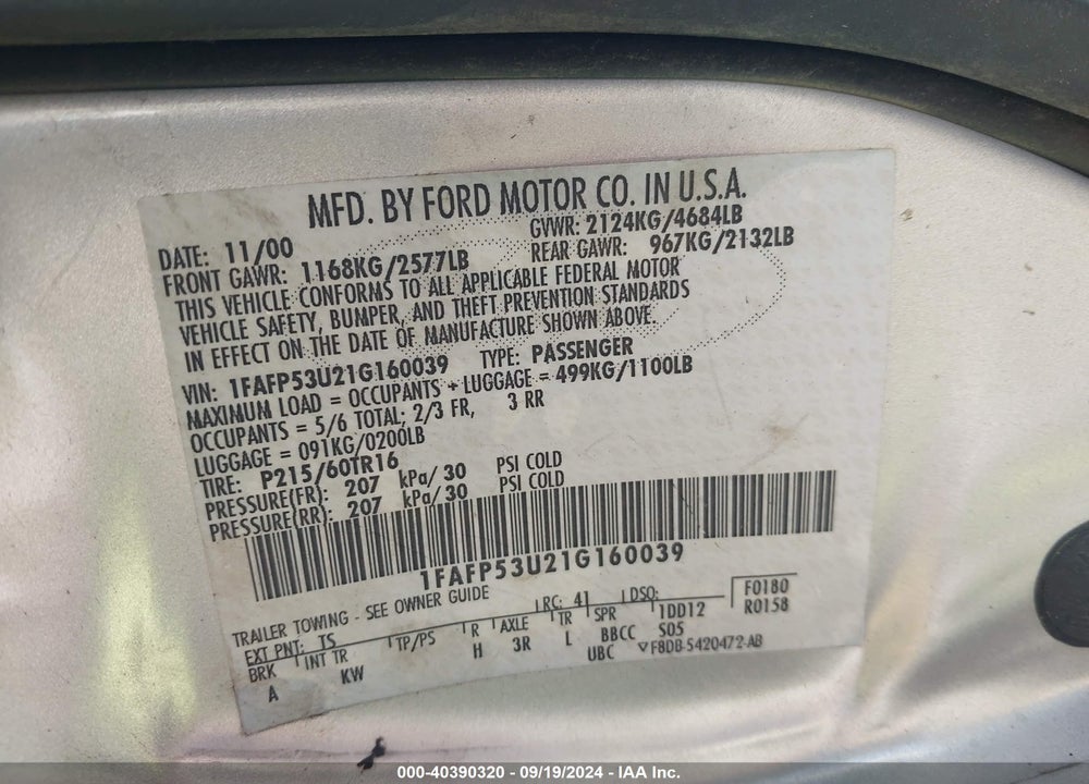 2001 FORD TAURUS SE VIN: 1FAFP53U21G160039