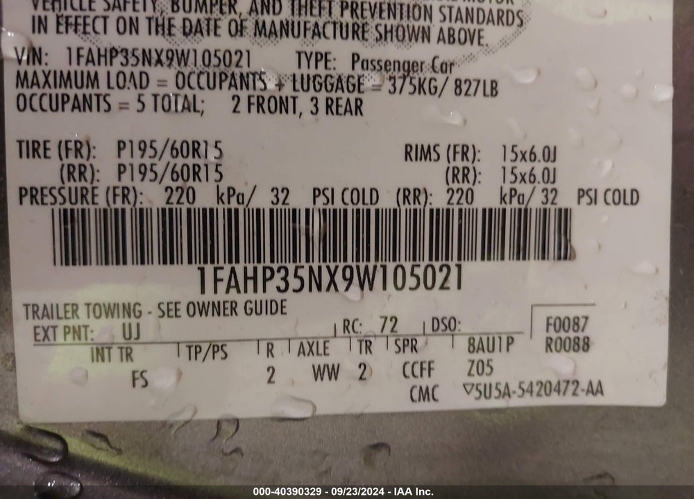 2009 FORD FOCUS SE VIN: 1FAHP35NX9W105021