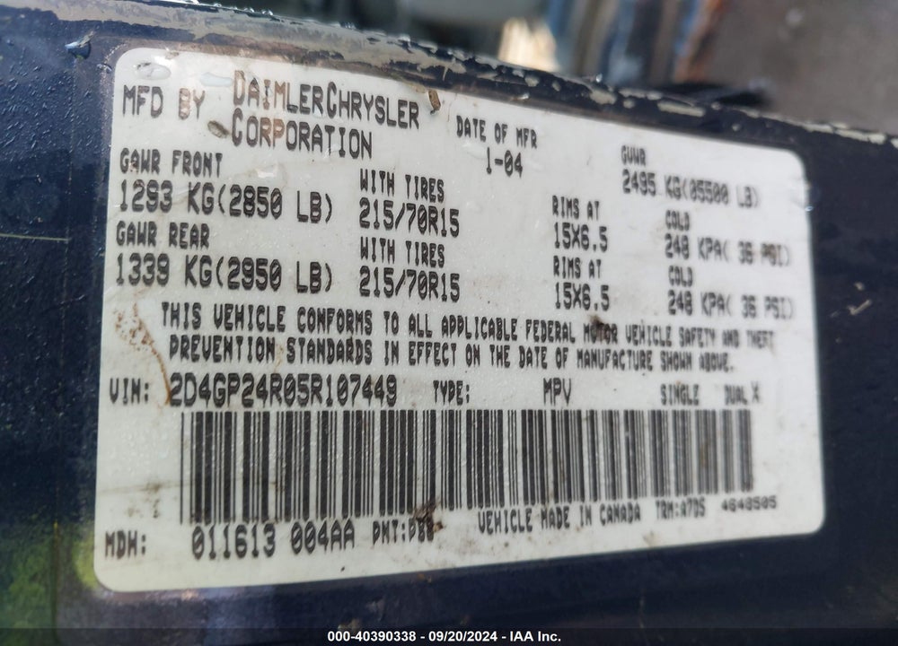 2005 DODGE CARAVAN SE VIN: 1D4GP25R55B281966