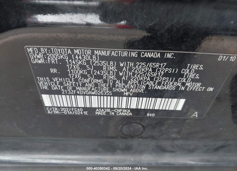2010 TOYOTA RAV4 VIN: 2T3ZF4DV0AW026355