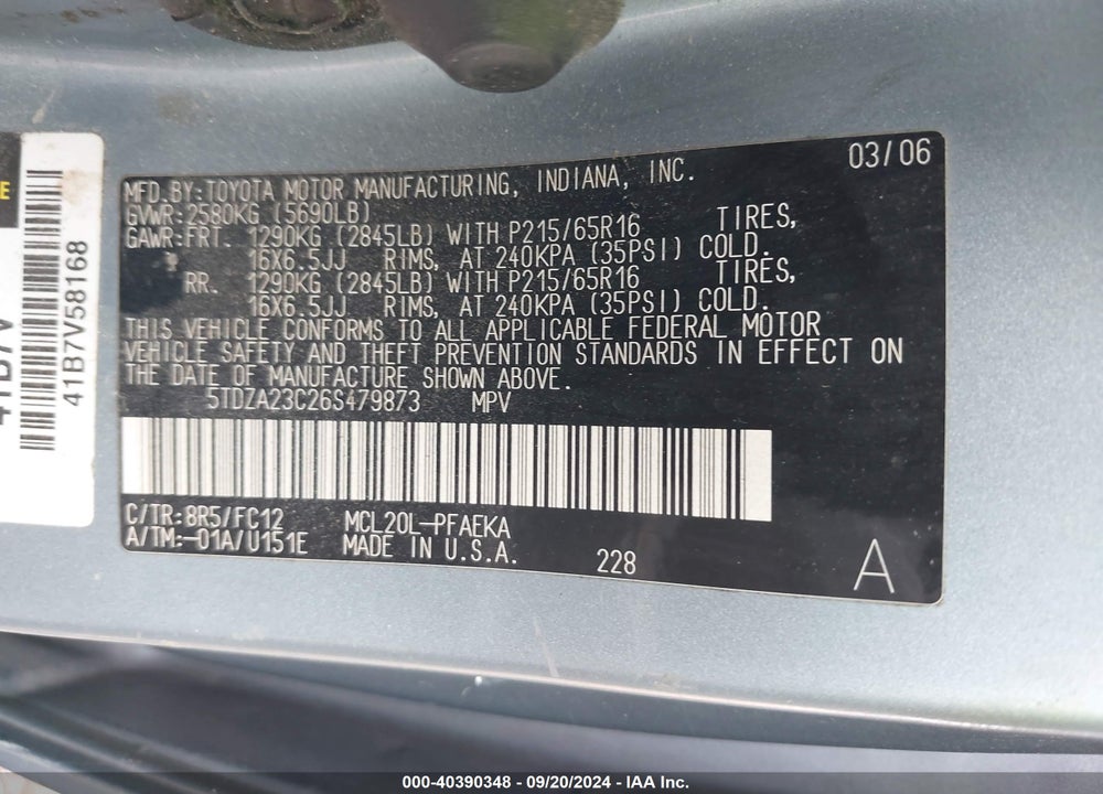 2006 TOYOTA SIENNA LE VIN: 5TDZA23C26S479873