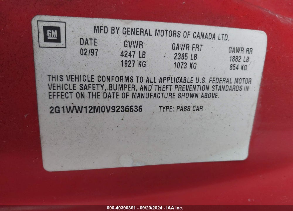 1997 CHEVROLET MONTE CARLO LS VIN: 2G1WW12M0V9236636