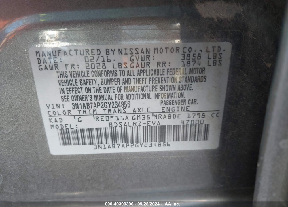 2016 NISSAN SENTRA SR VIN: 3N1AB7AP2GY234856
